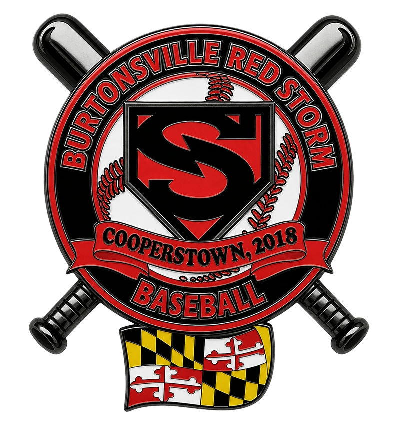 Burtonsville Red Storm custom baseball trading pin with crossed bats and Maryland flag