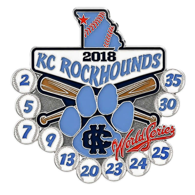 KC Rockhounds custom baseball trading pin with player number baseball dangles