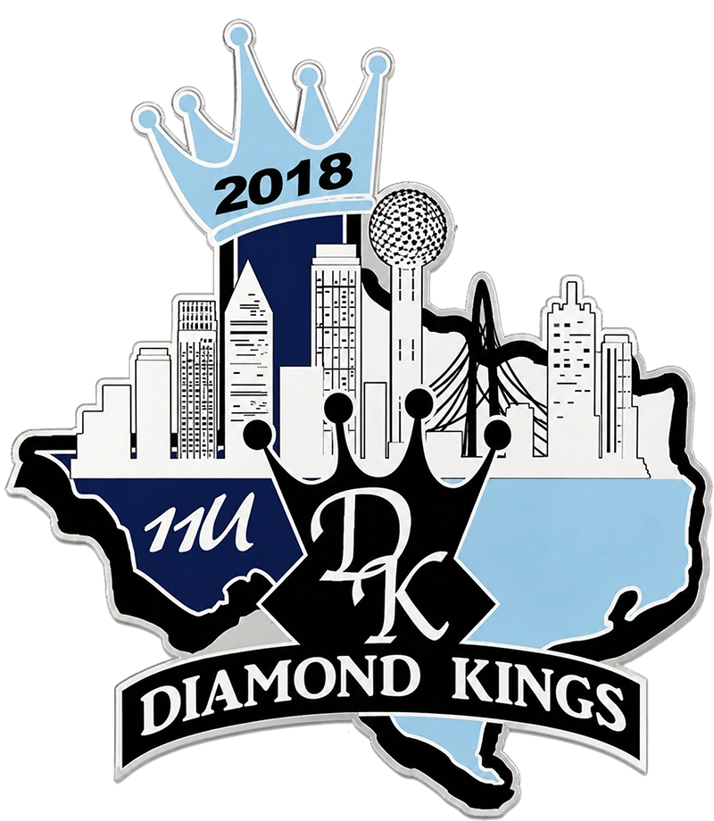 Diamond Kings 11U custom baseball trading pin with Dallas skyline and Texas design