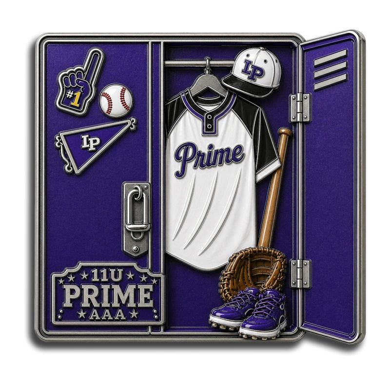 Prime AAA 11U custom hinged baseball trading pin designed as an open locker