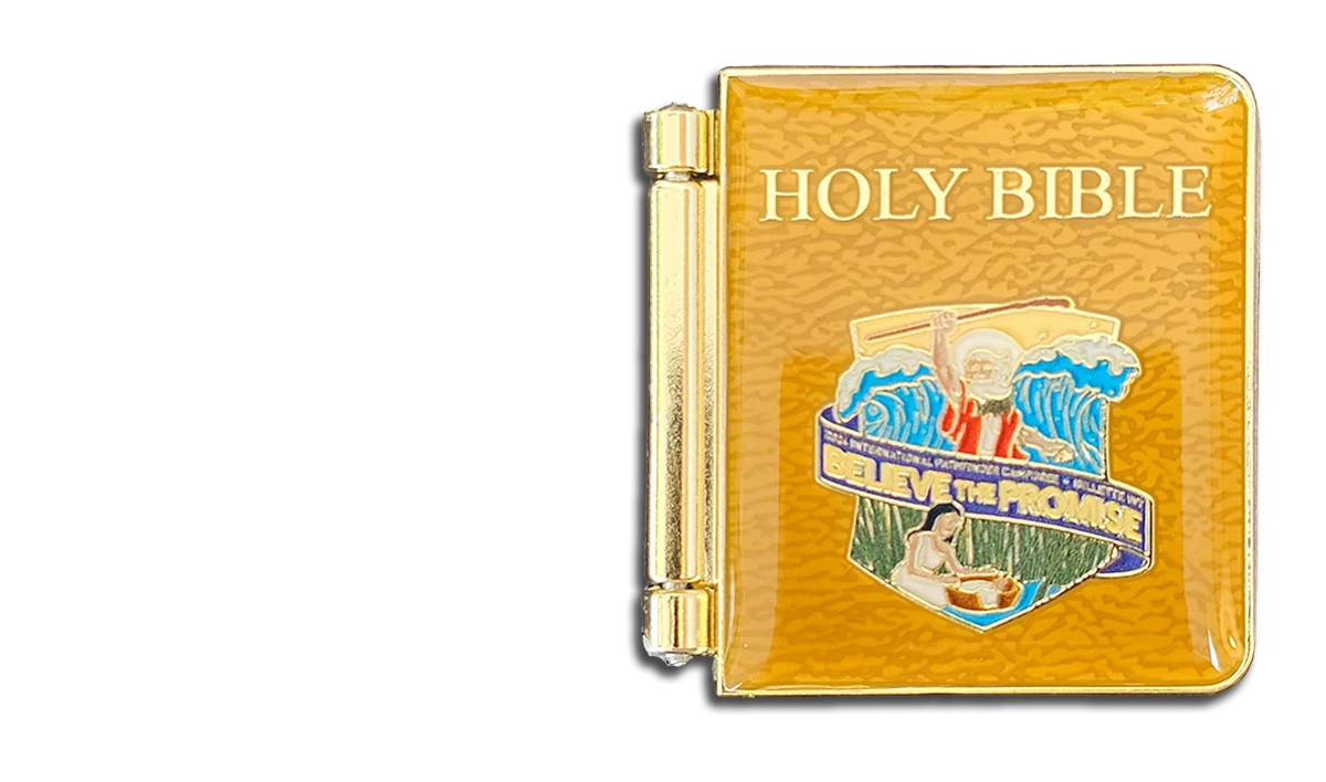 Custom 3D zinc alloy UV printed Bible pin opening to reveal interior artwork